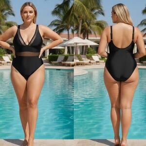 Women Cupshe 2X Black 1 Piece Plus Size Swimsuit V-Neck Mesh Sheer Tummy Control